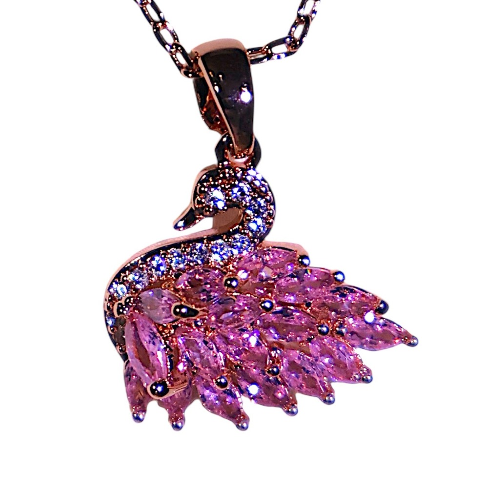 Swarovski Crystal Swan Pendant Necklace Rose Gold Pink Pave Marquise Dainty NWT